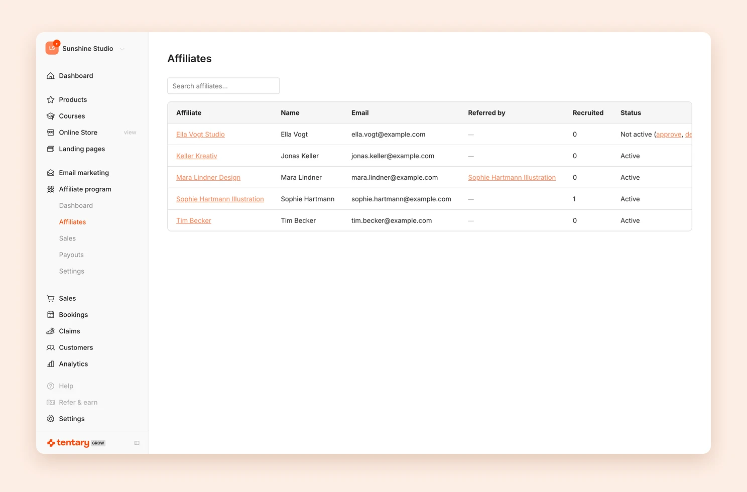 The list of affiliates with referrer, number of recruits and status