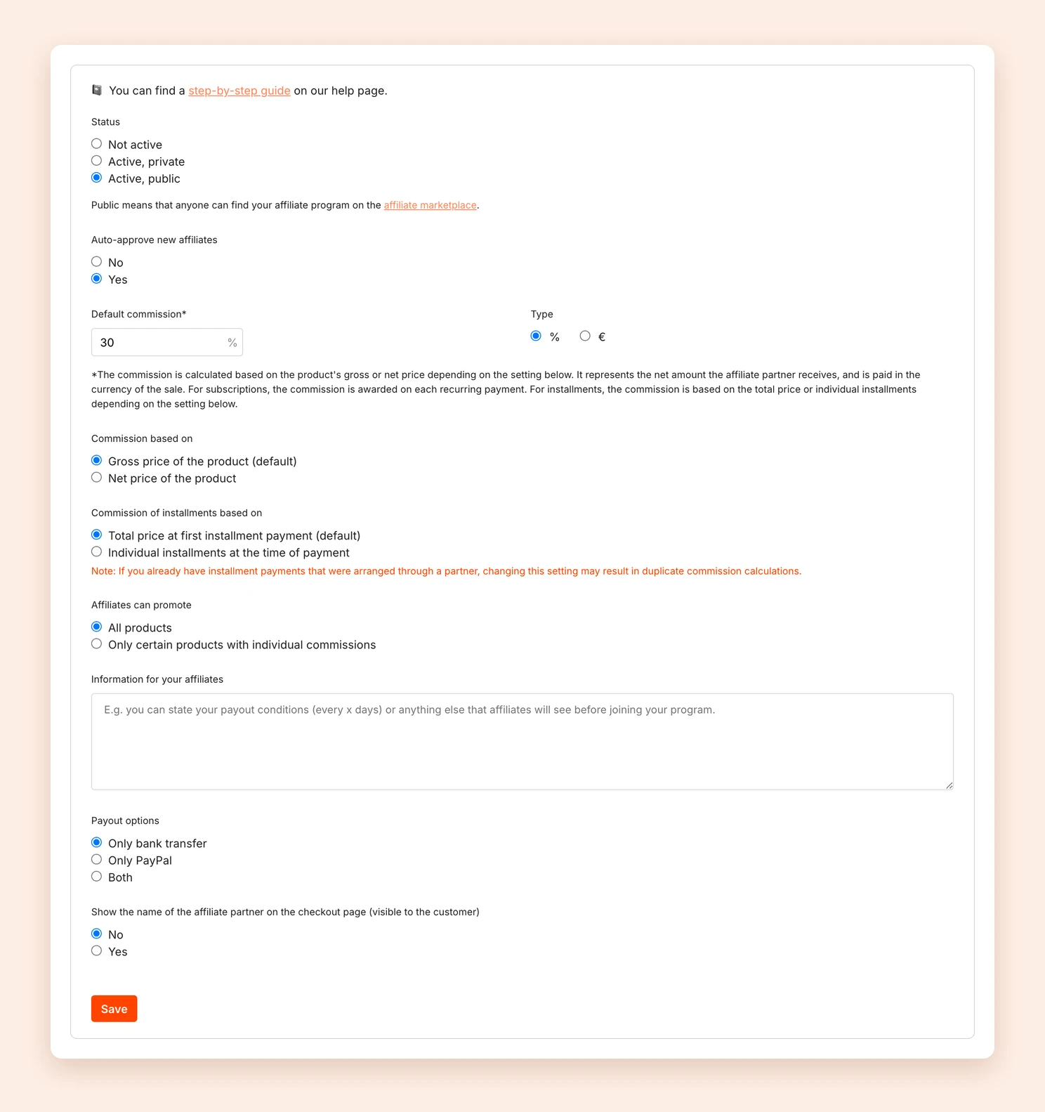 The affiliate program settings with status, commission and payout options