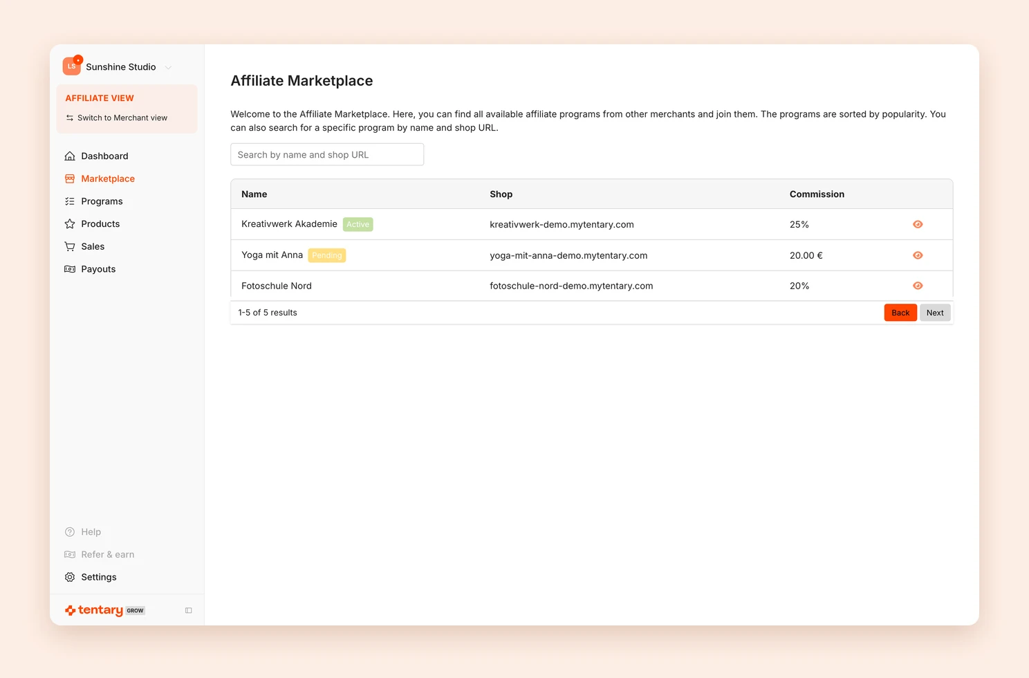 The affiliate marketplace with public programs and their commission