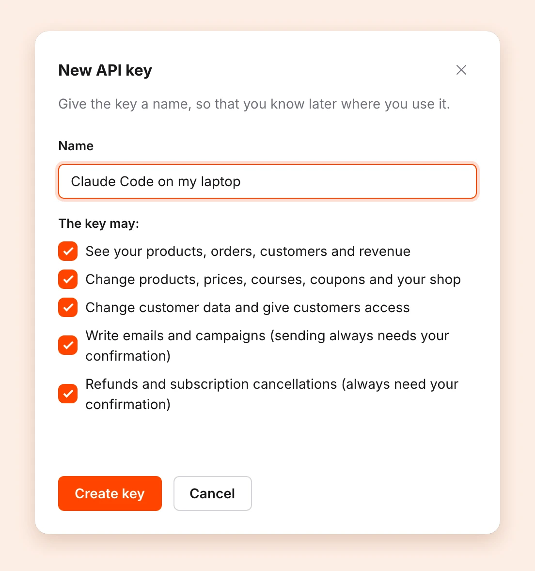 The window New API key with the name and the permissions