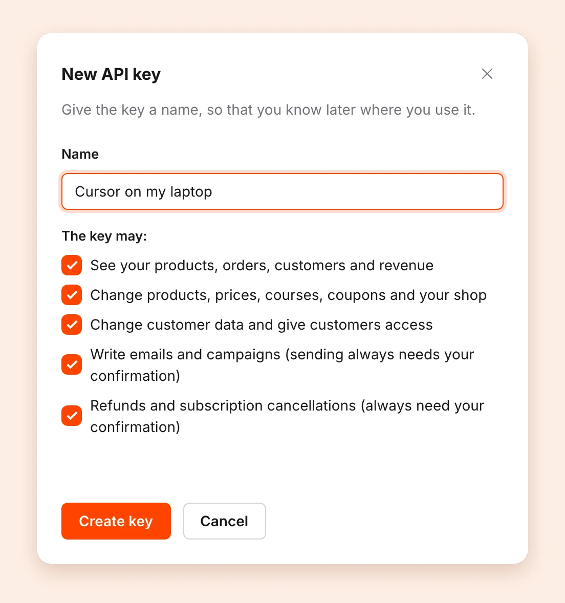 The window New API key with the name and the permissions
