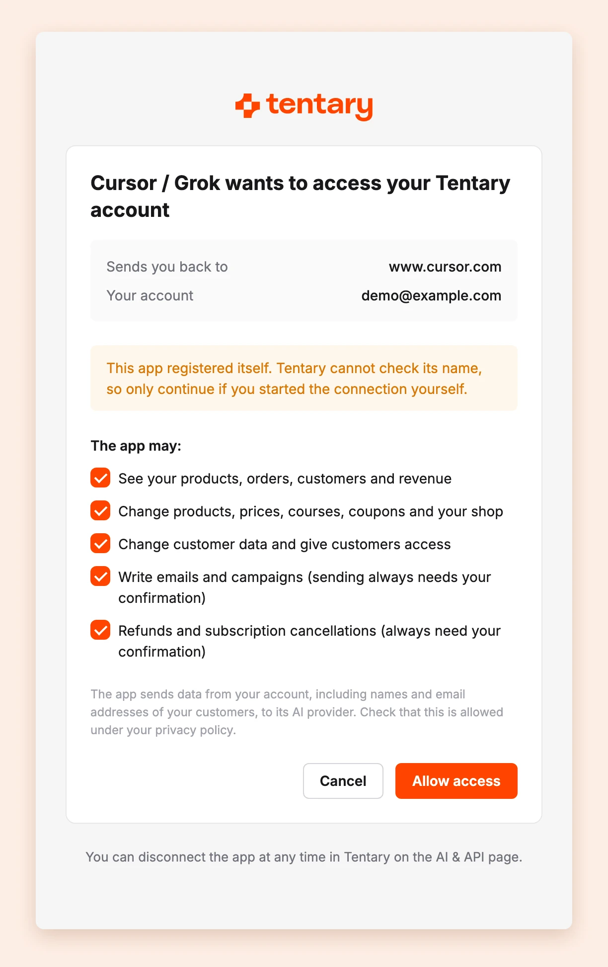 The consent page with "Cursor / Grok", the return address www.cursor.com and the warning that the app registered itself