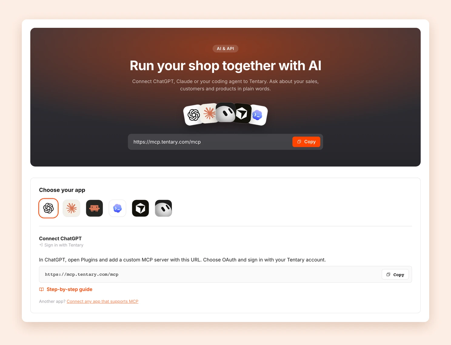 The AI & API page with the address of the MCP server and the app picker Choose your app