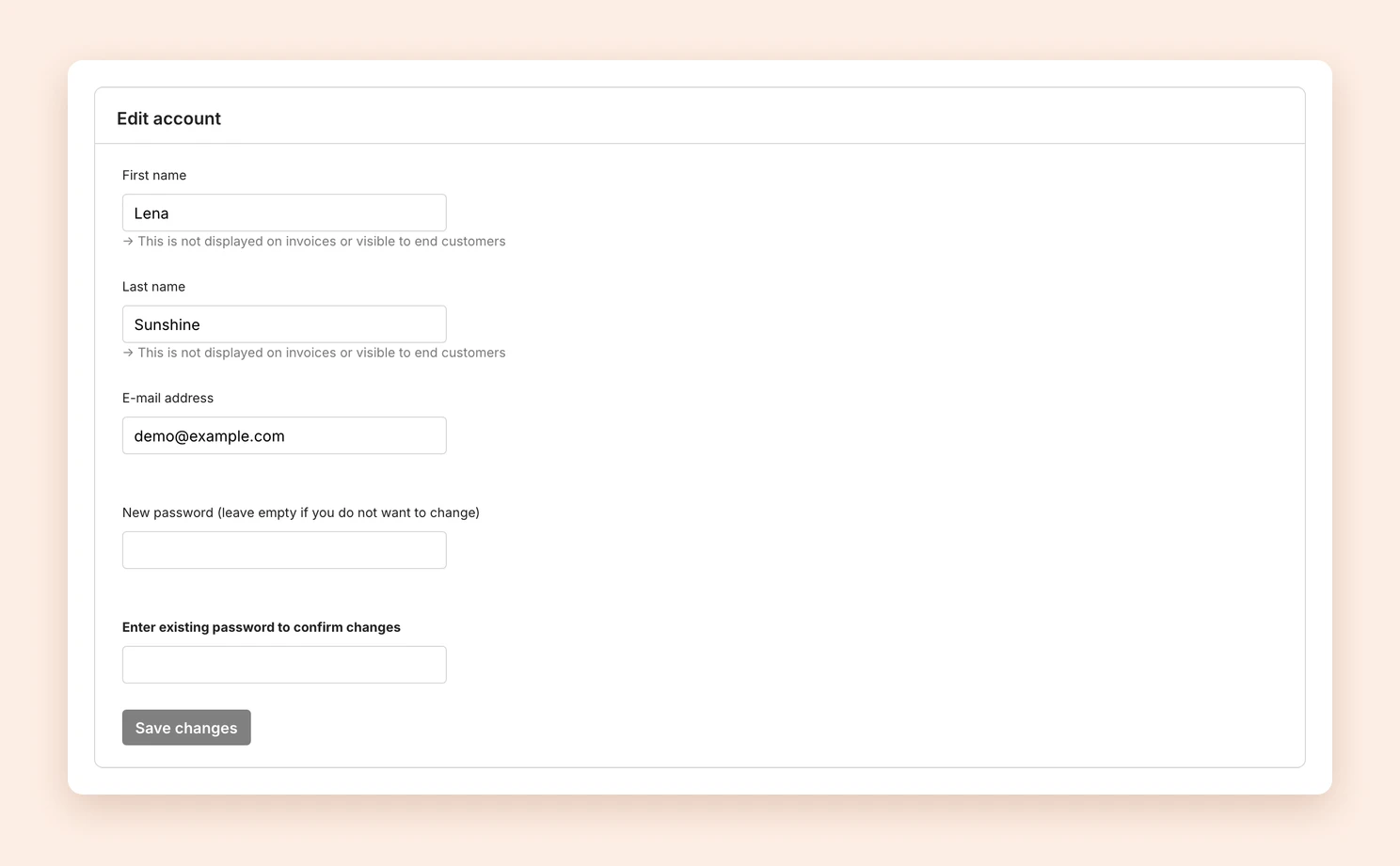 The Edit account page with the fields for name, email address and password