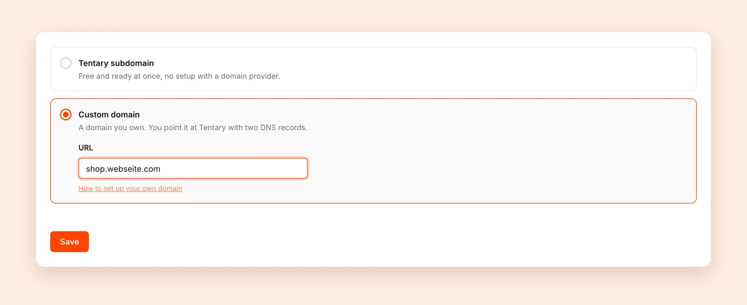 The domain settings with the Custom domain option and shop.webseite.com in the URL field