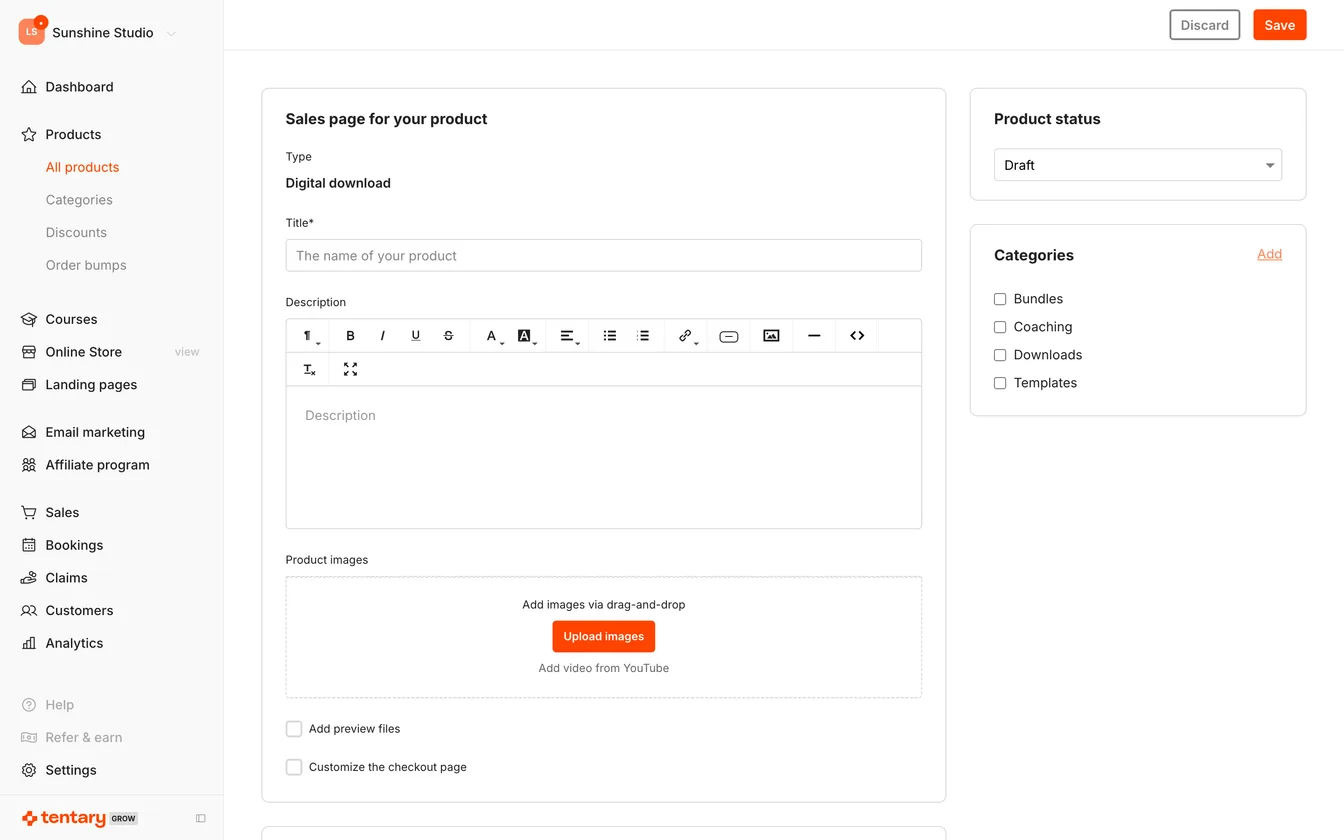 The empty page for creating a new product