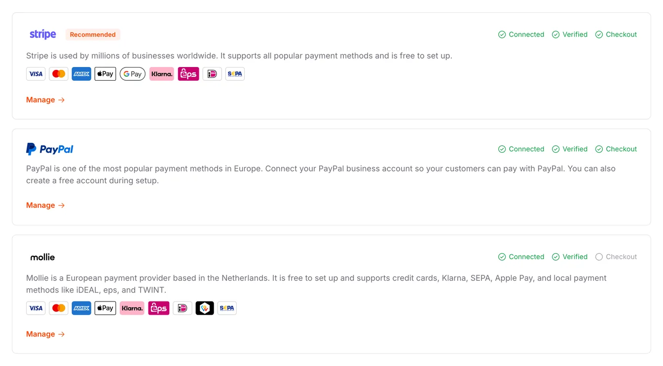 The payment providers Stripe, PayPal and Mollie with their connection status
