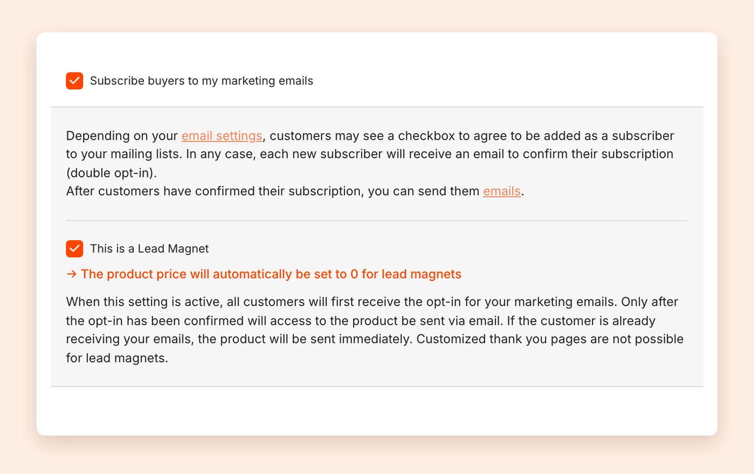 The product settings with Subscribe buyers to my marketing emails and This is a Lead Magnet