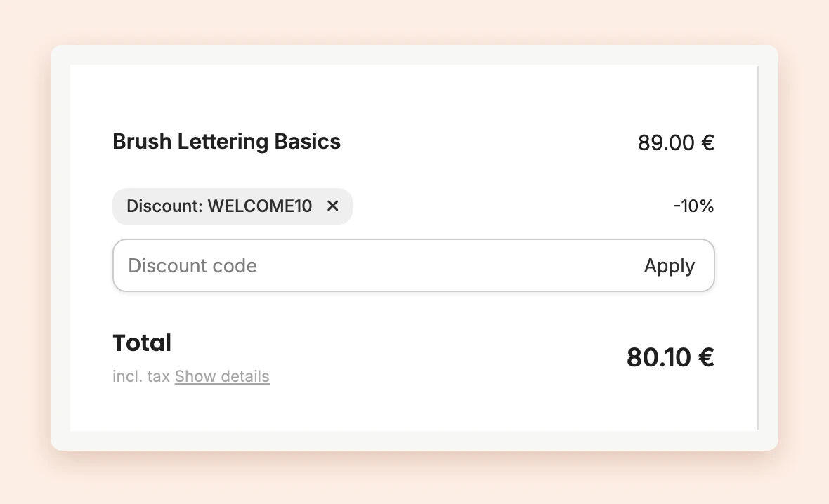 The checkout page with a redeemed discount code and the reduced total