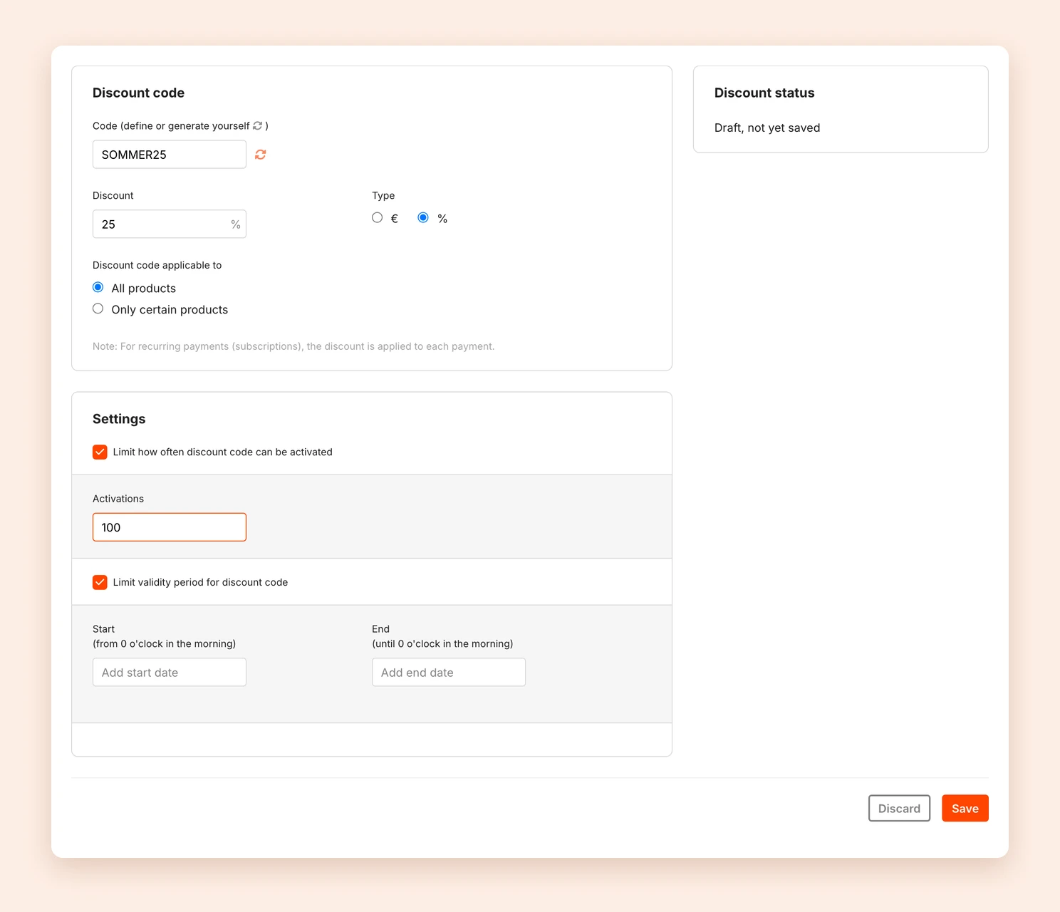 The form for a new discount code with code, discount, type and settings