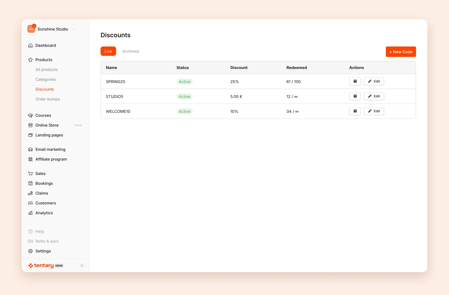 The list of discount codes with status, discount and number of redemptions