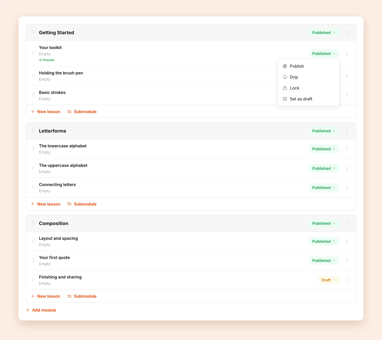 The course outline with a lesson's status menu open, showing Publish, Drip, Lock and Set as draft