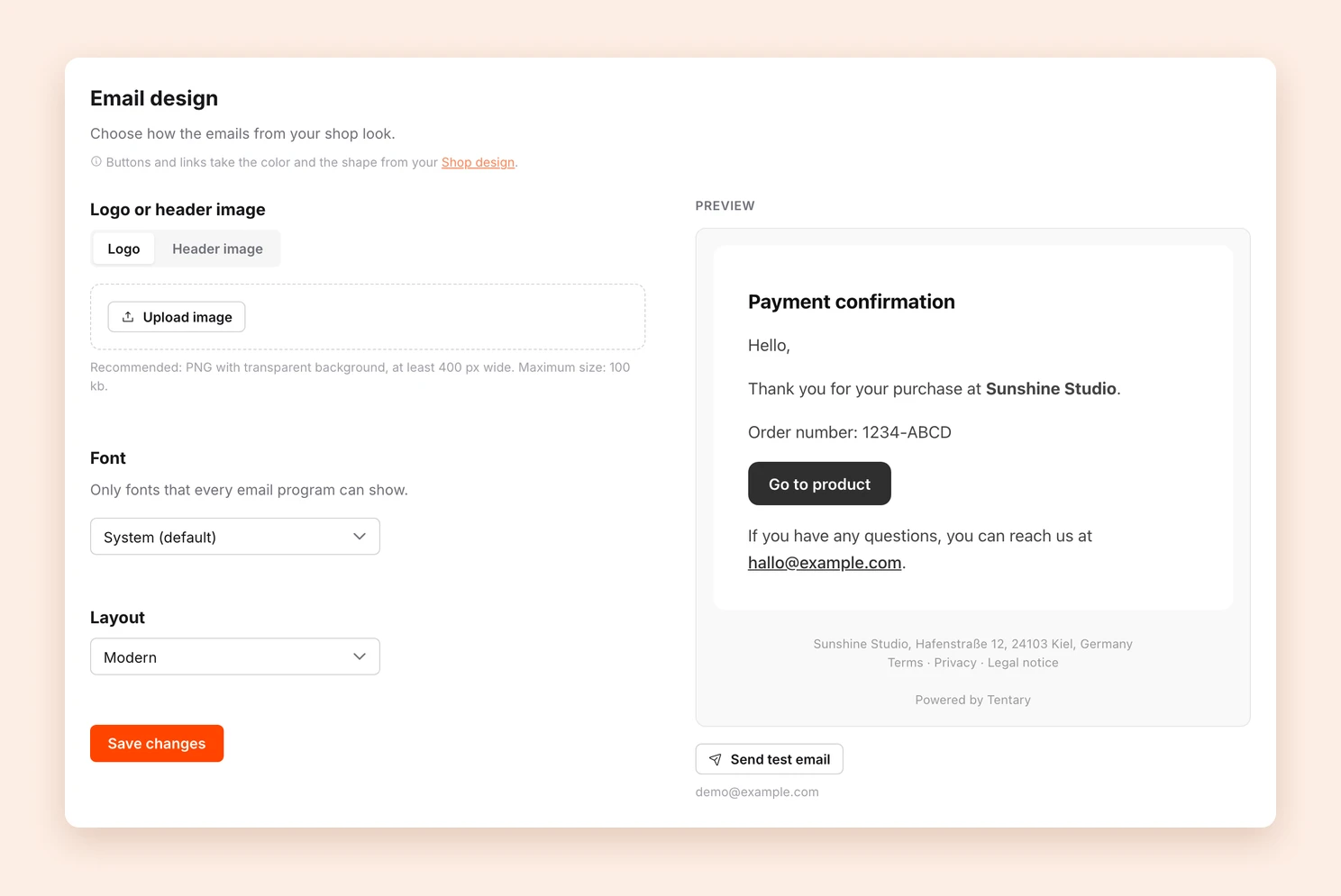 The Email design page with the settings on the left and the preview of a purchase confirmation on the right