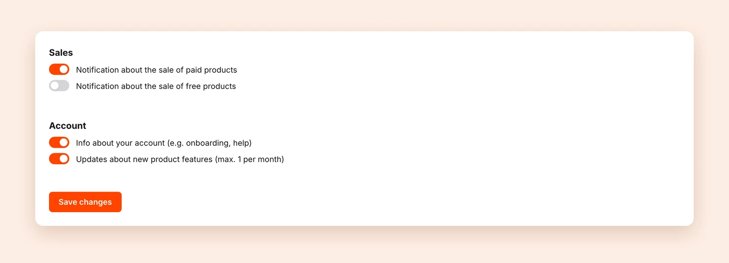The Email notifications page with the switches for Sales and Account