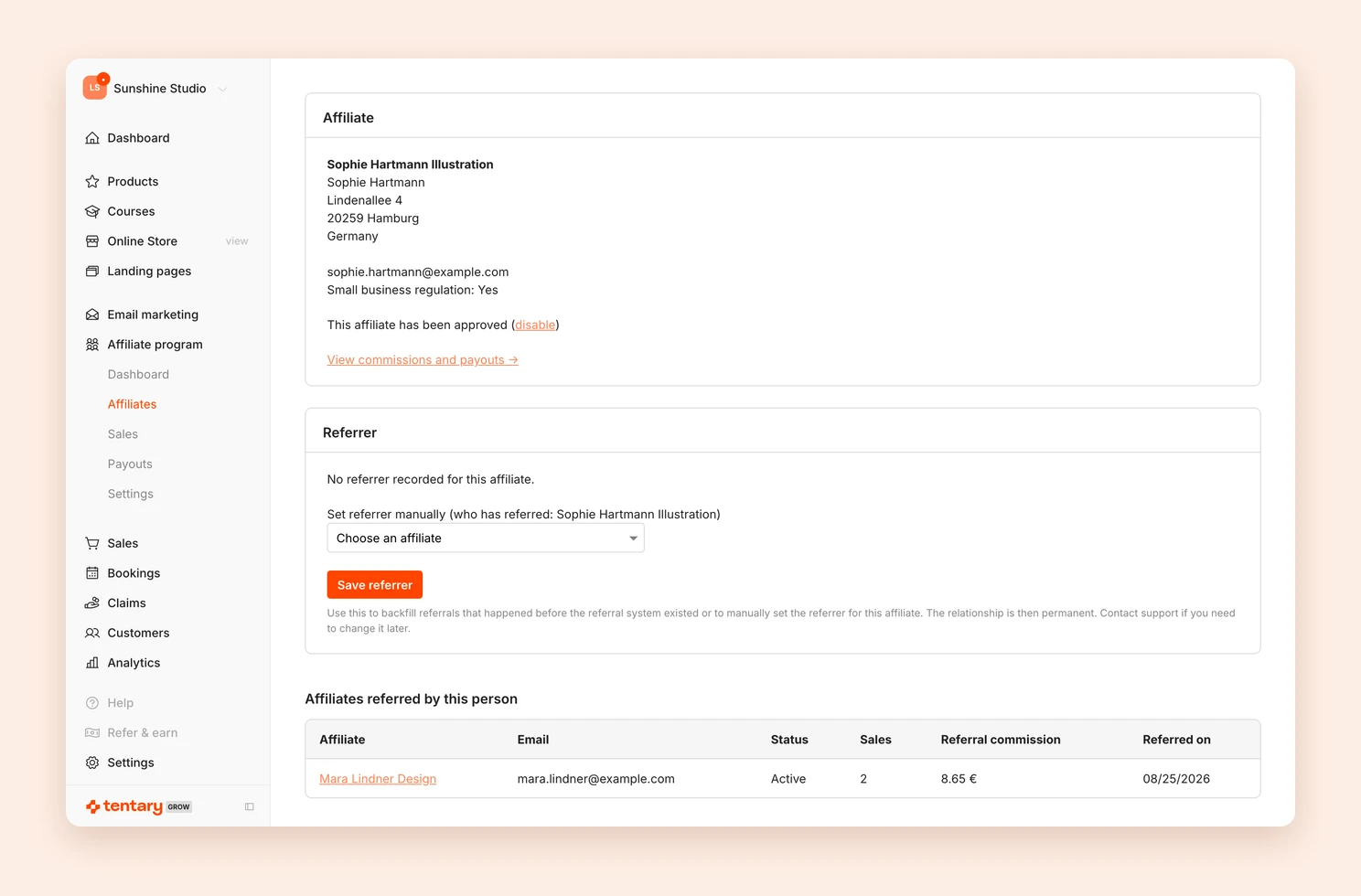 The details page of an affiliate with the affiliates this person recruited