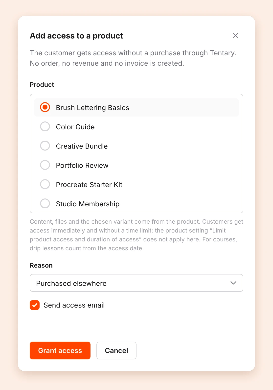 The Add access to a product window with product selection, reason and access email