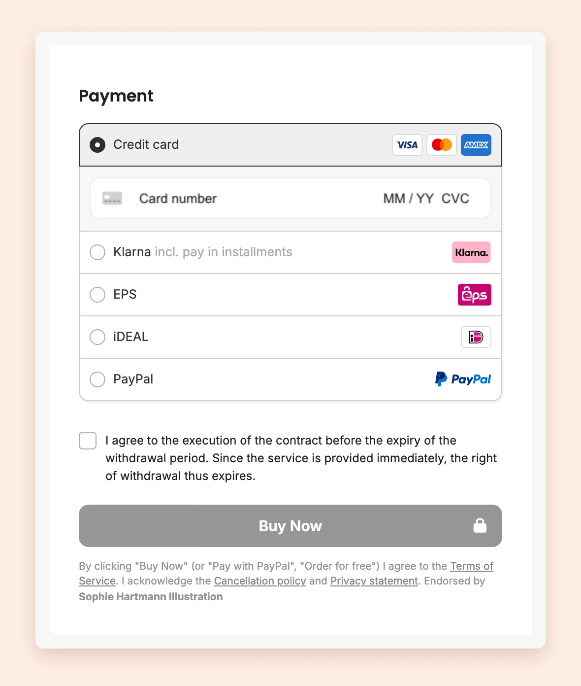 The checkout page with the note Endorsed by and the affiliate's name below the order button