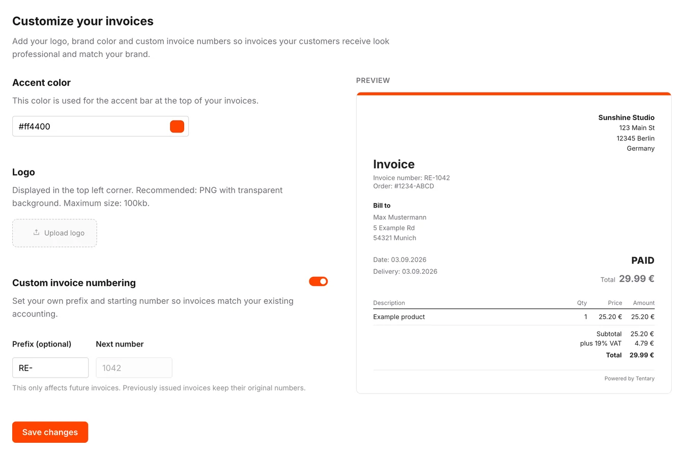 The Customize your invoices page with accent colour, logo, custom invoice numbering and the preview