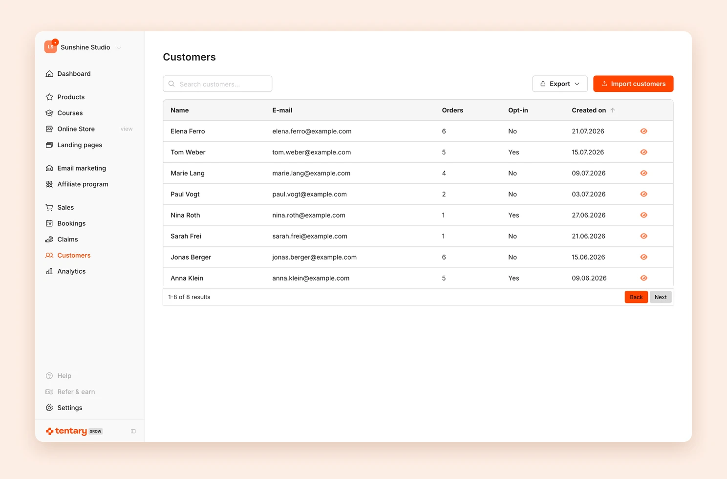 The customer list with search, export and the Import customers button