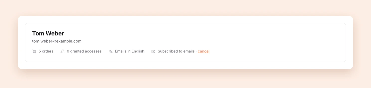 The overview on the customer page with orders, accesses, language and email status
