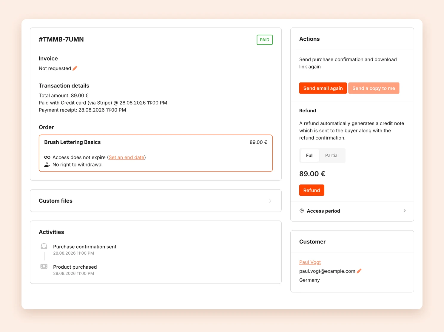 The order details with transaction details, actions and customer data