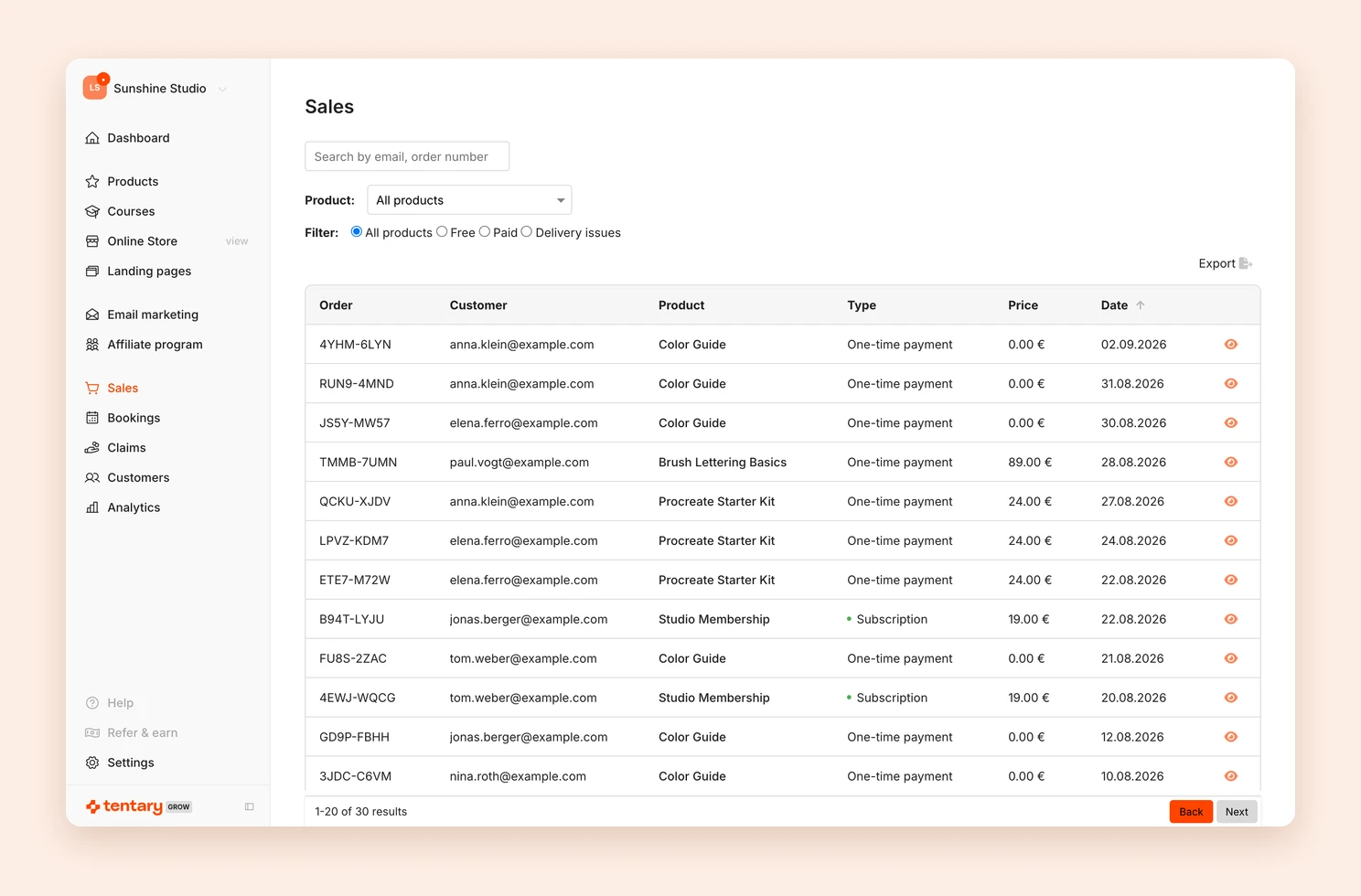 The sales list with search, product selection and filters