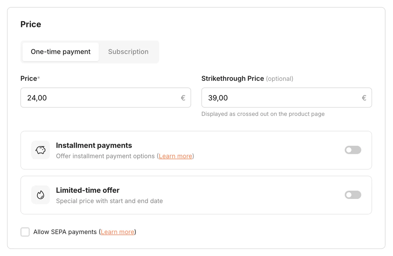 The Price section with one-time payment, price and discount price