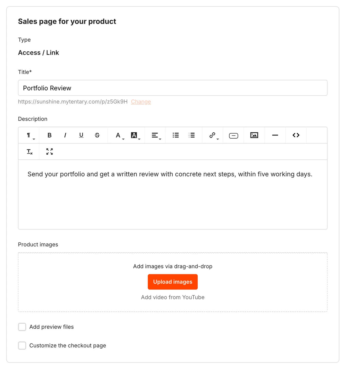 The Sales Page section with title, description, product images, preview files and the checkout page fields