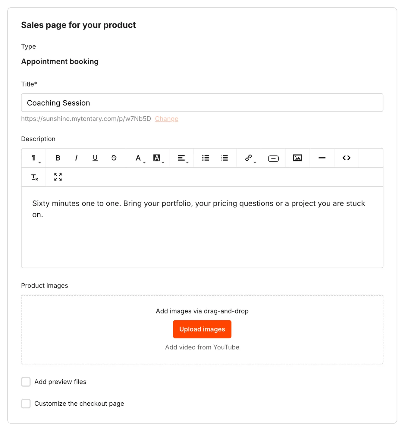 The Sales Page section with title, description, product images, preview files and the checkout page fields