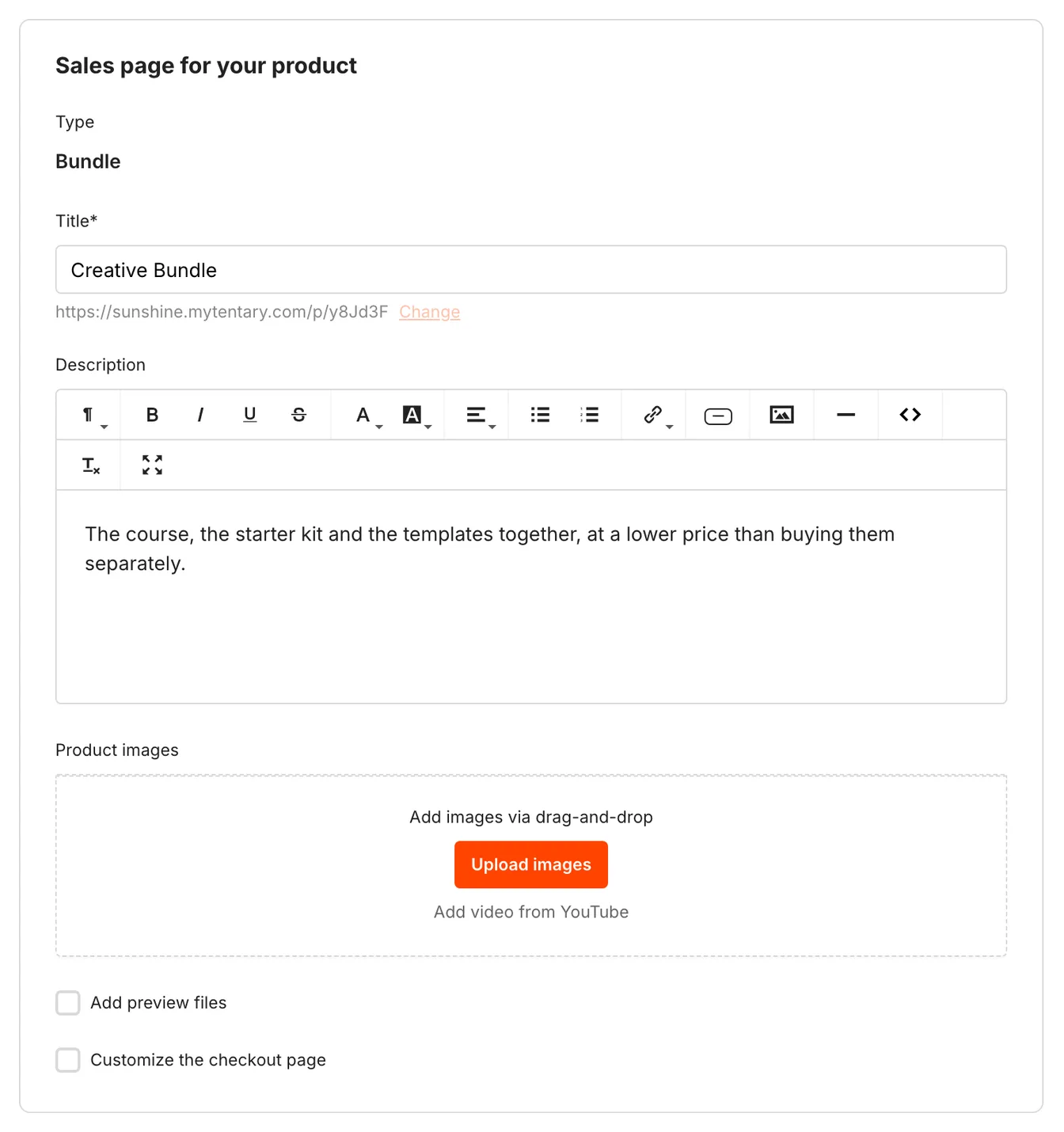 The Sales Page section with title, description, product images, preview files and the checkout page fields
