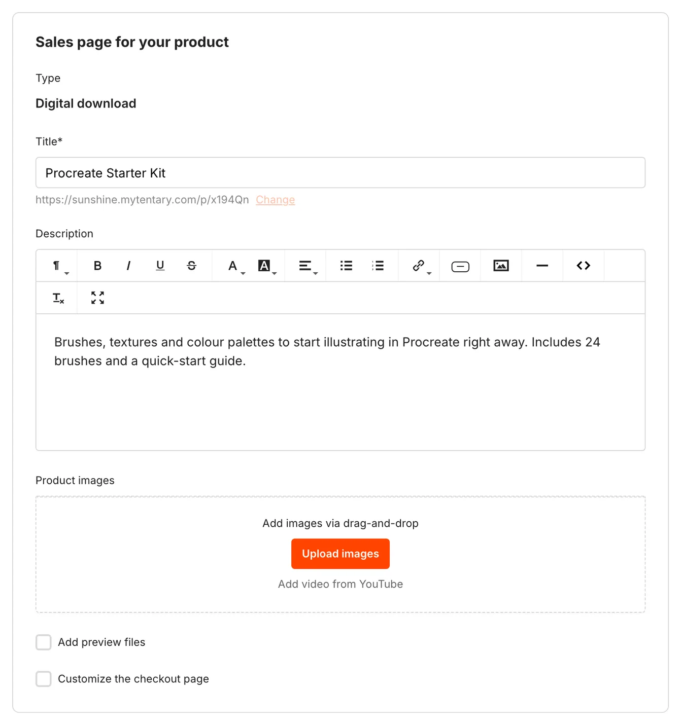The Sales Page section with title, description, product images, preview files and the checkout page fields