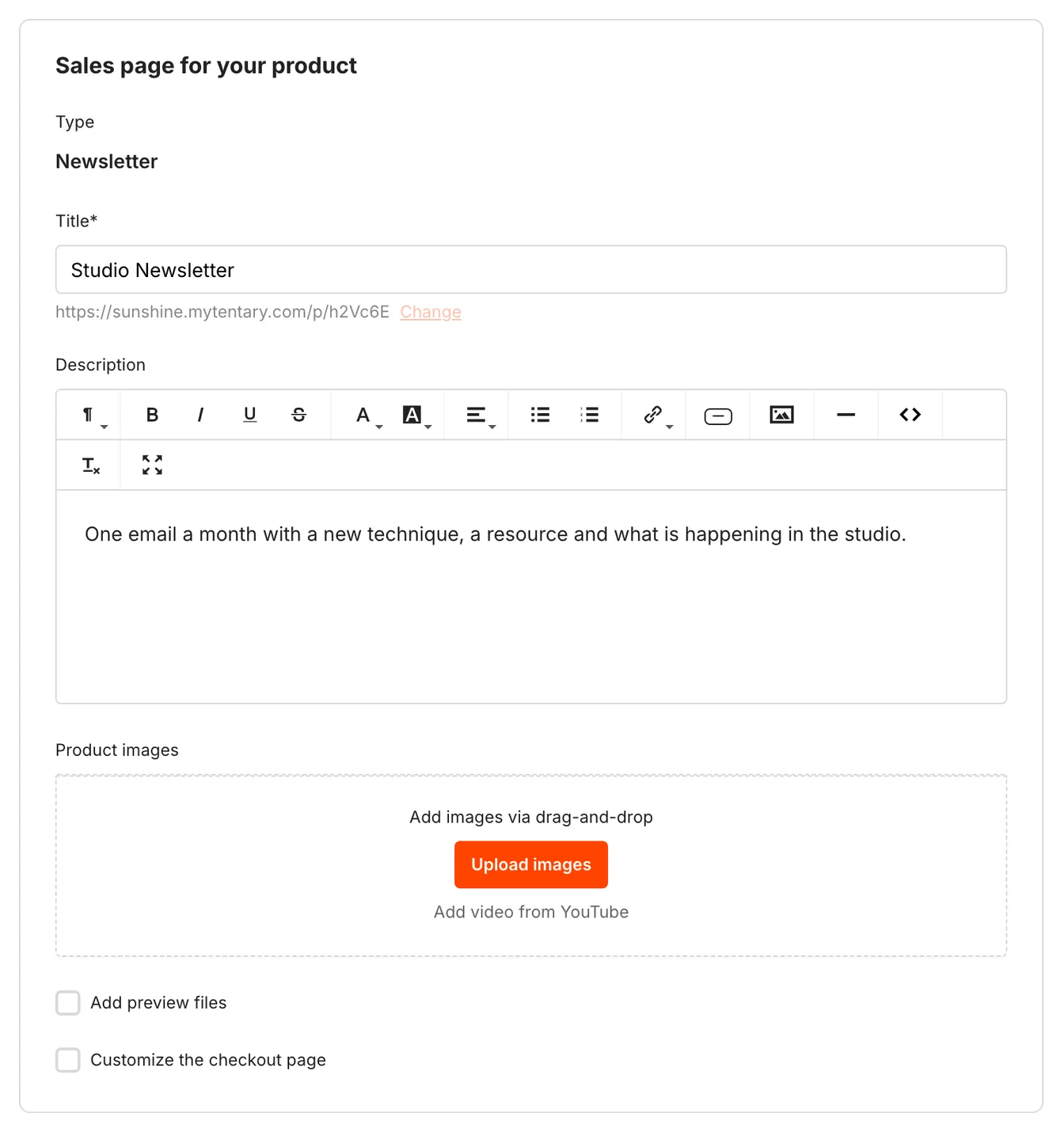 The Sales Page section with title, description, product images, preview files and the checkout page fields