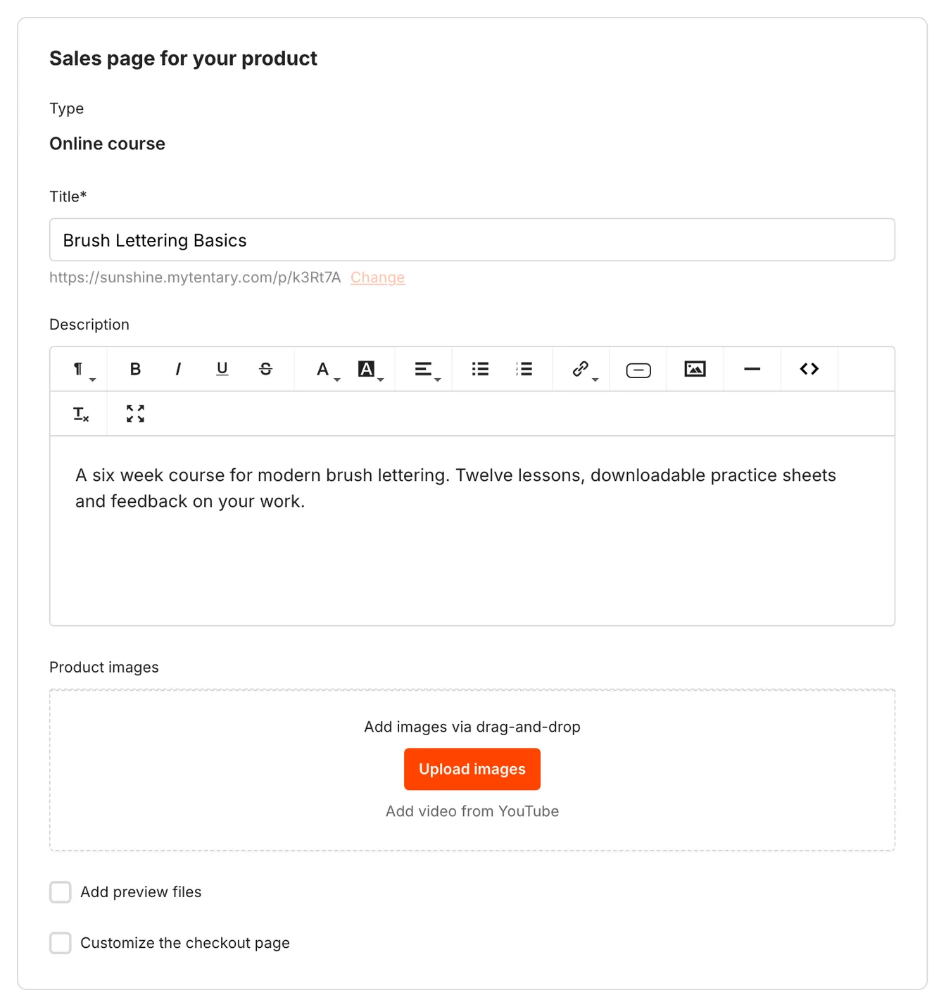 The Sales Page section with title, description, product images, preview files and the checkout page fields