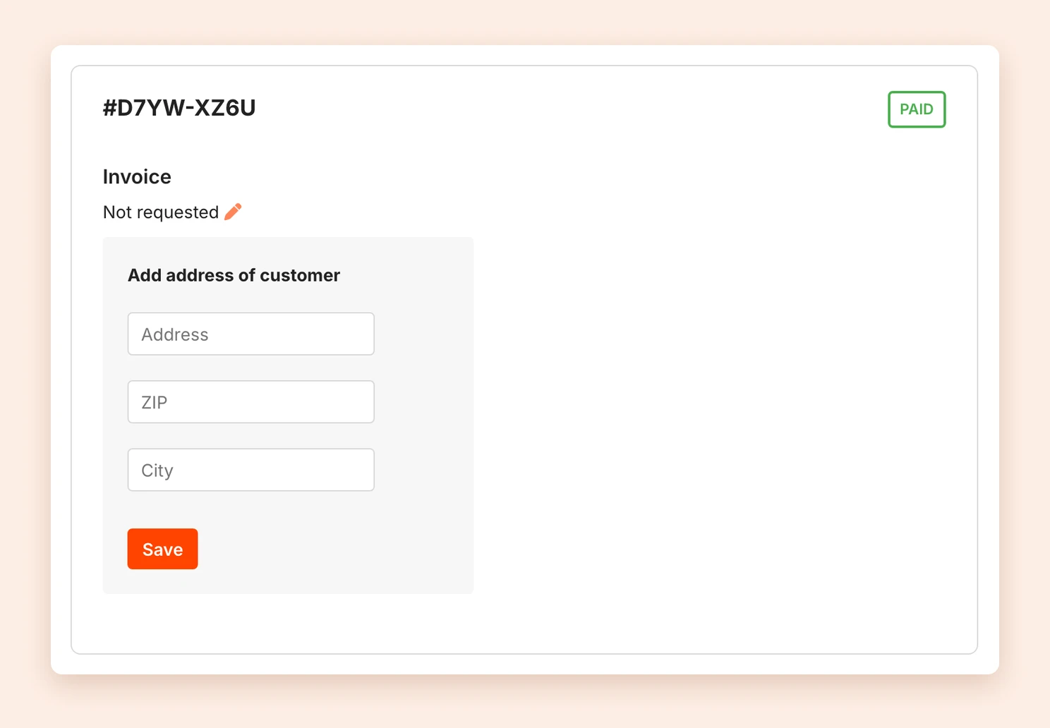The Invoice section of an order with the status Not requested and the Add address of customer form