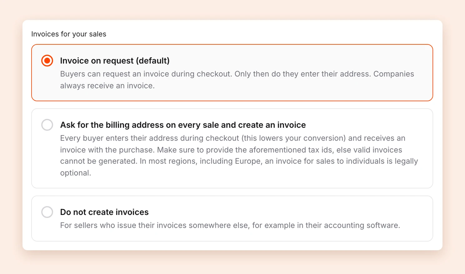 The three options under Invoices for your sales in the billing address settings