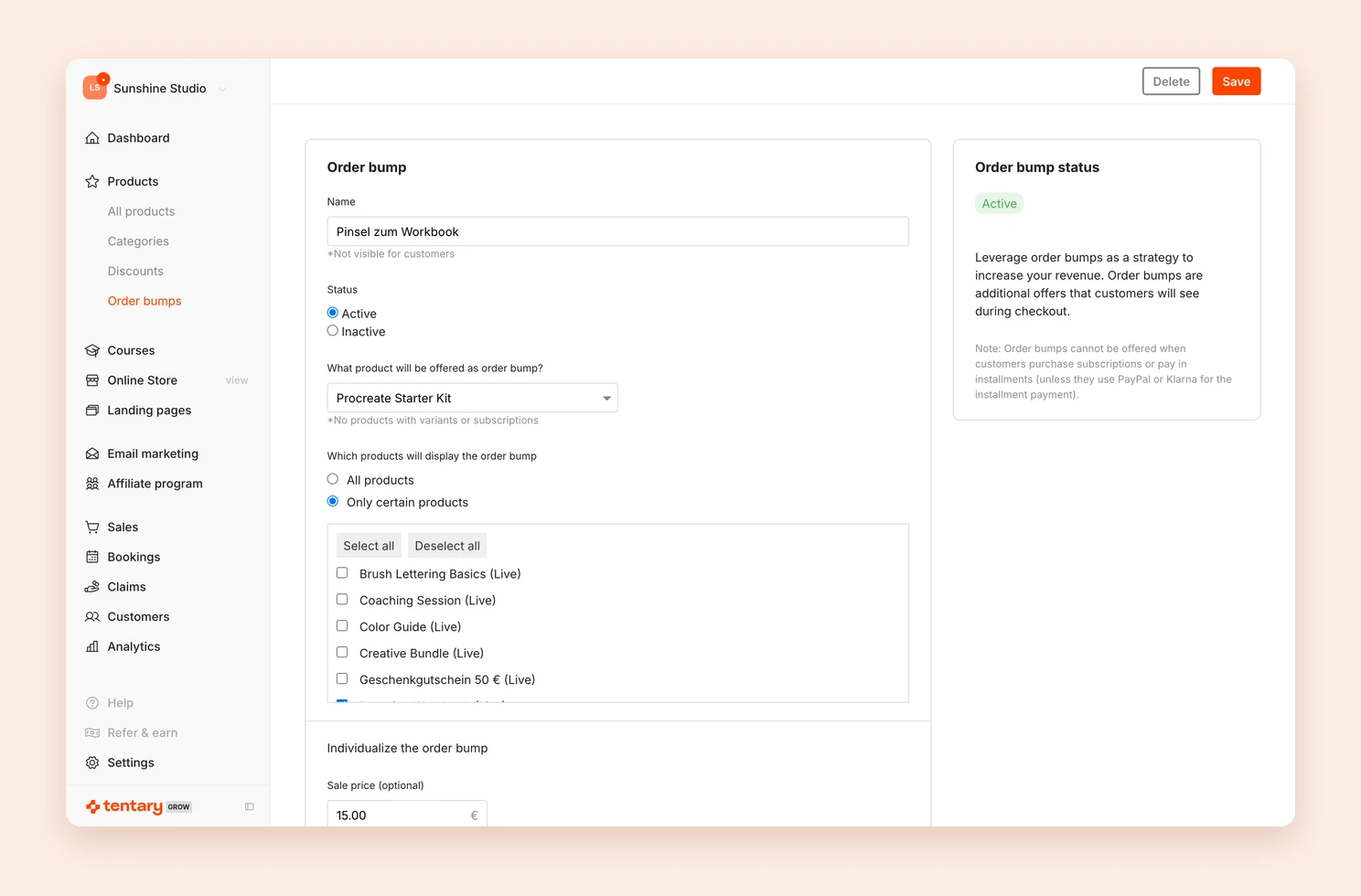 The form for a new order bump with product, status and offer text
