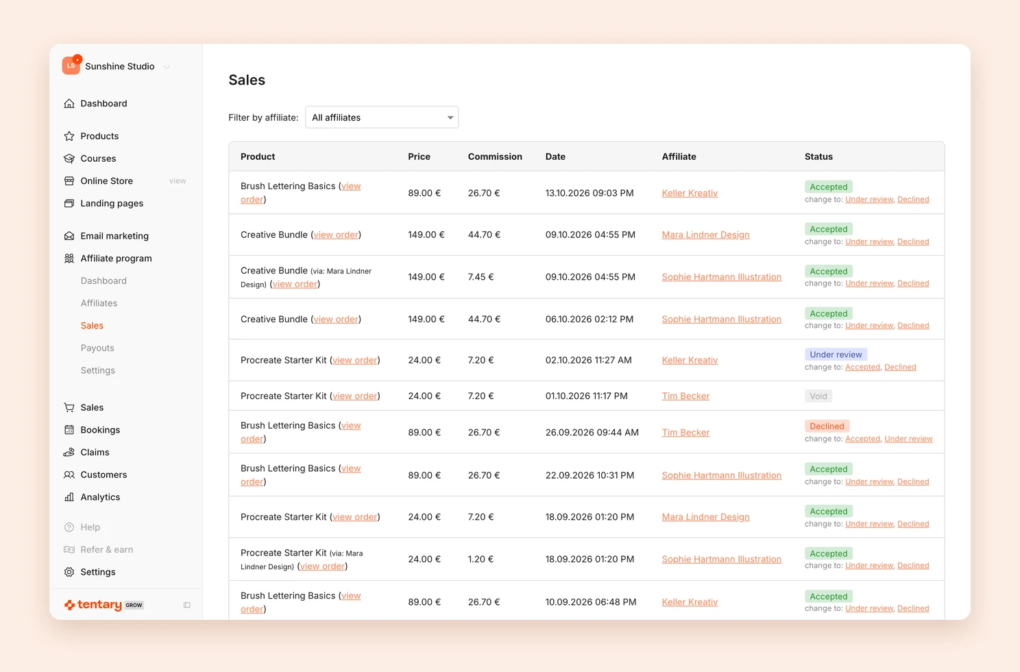 The affiliate program sales with commission, affiliate and status
