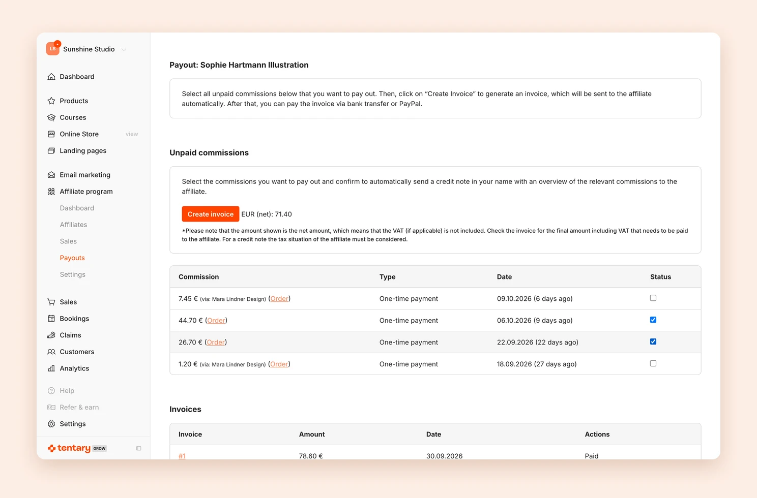 The payout page of an affiliate with selected commissions and the Create invoice button