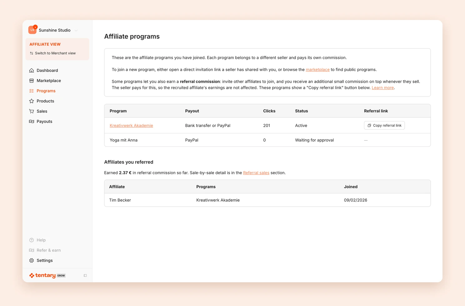 The Programs page with the Copy referral link button and the affiliates you referred