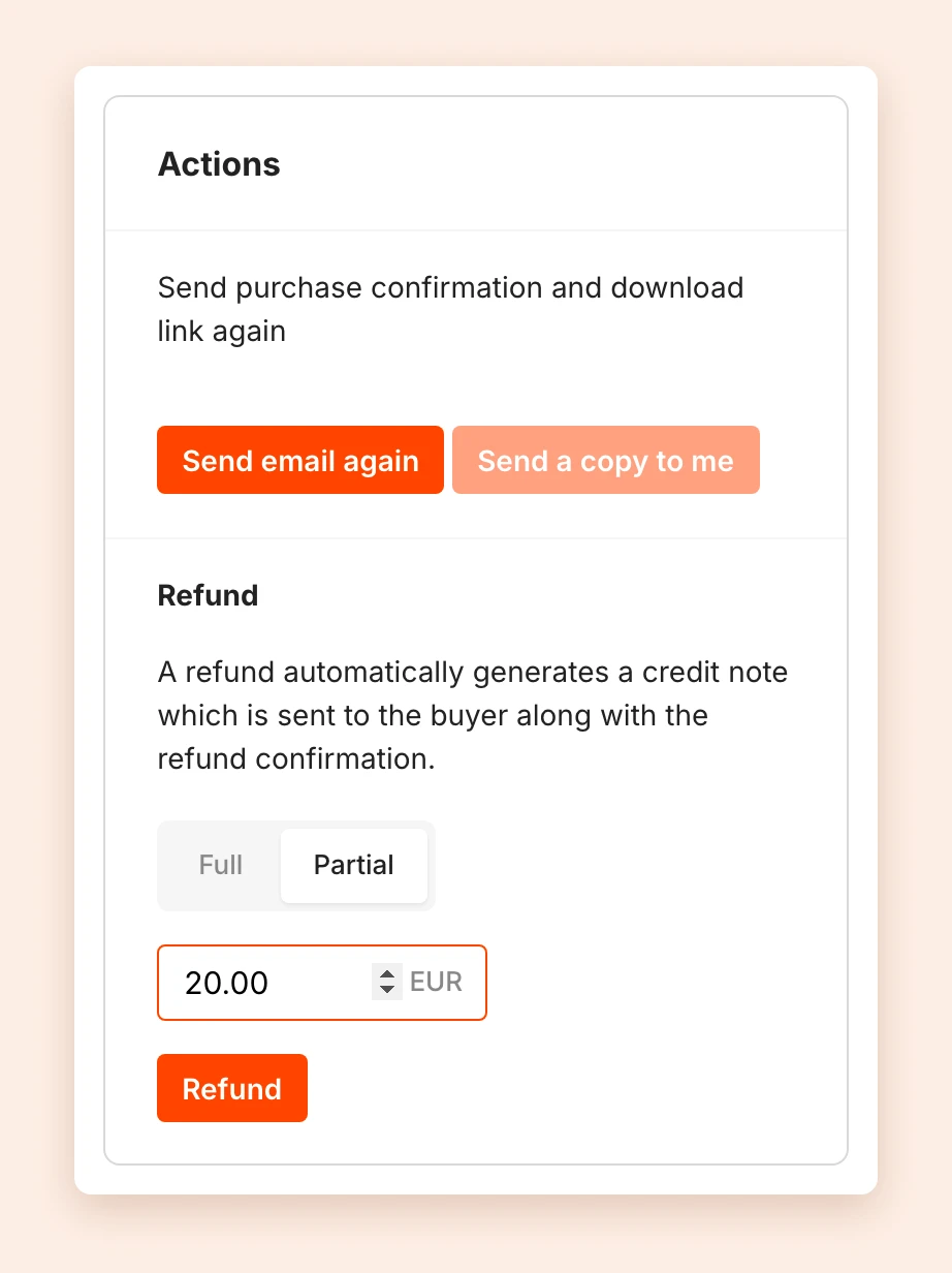 The Actions box of an order with the choice Full or Partial and the Refund button
