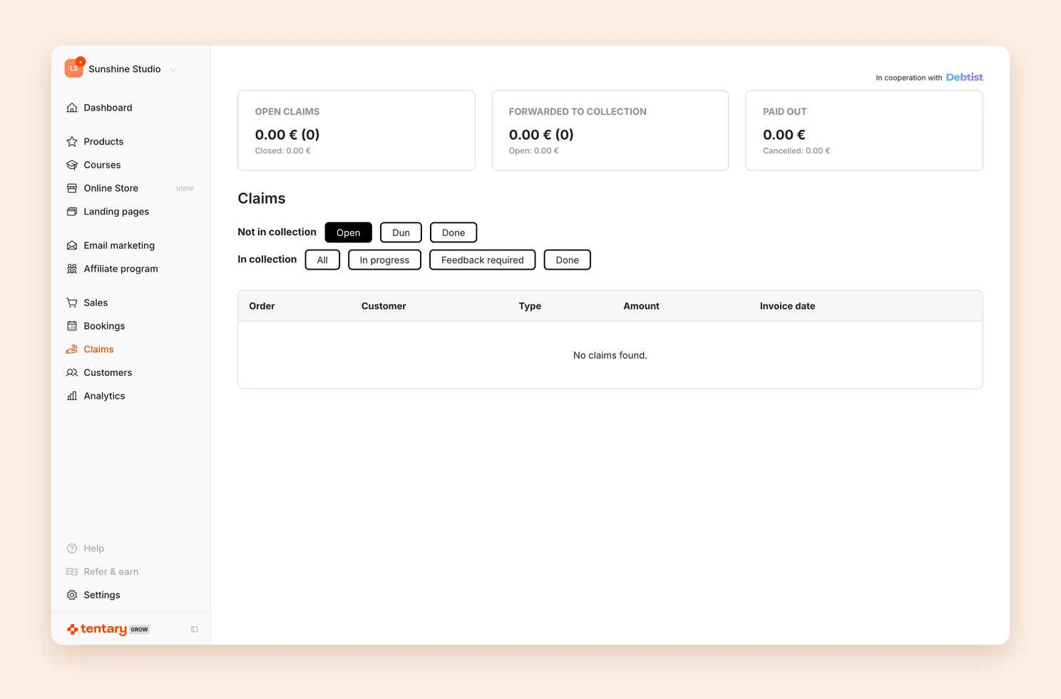 The Claims page with the totals at the top, the filters and the list of claims