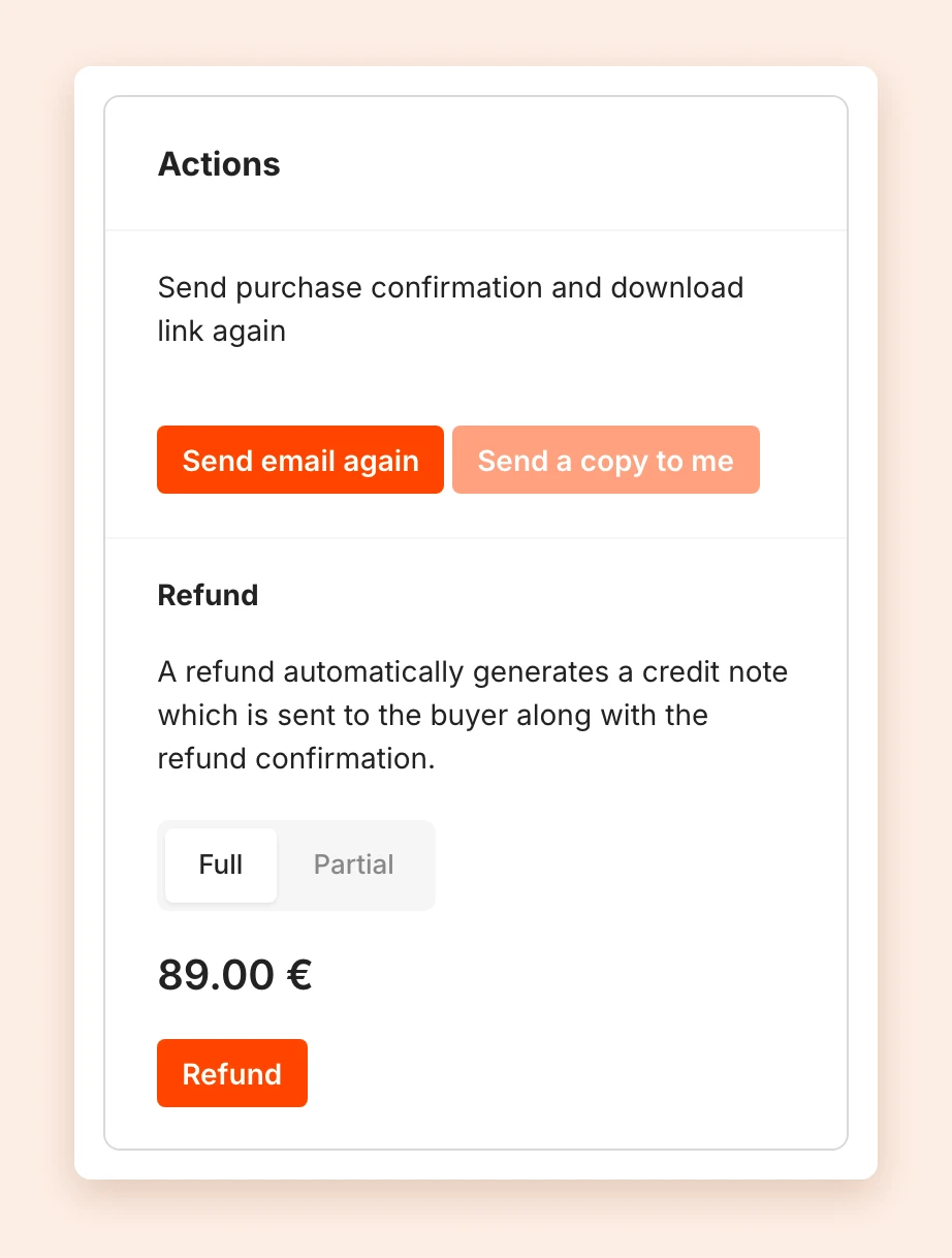 The Actions box of an order with the Send email again and Send a copy to me buttons