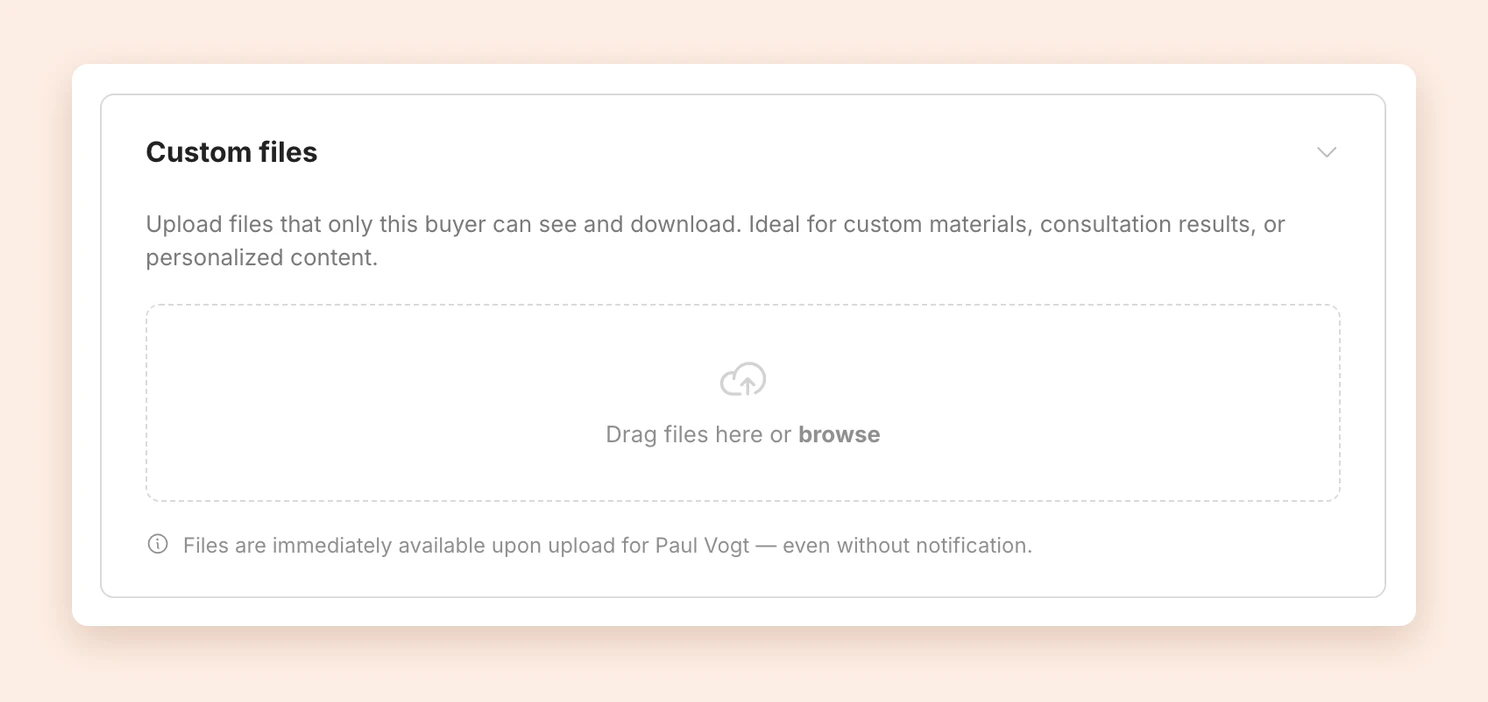 The Custom files box in an order with the upload field