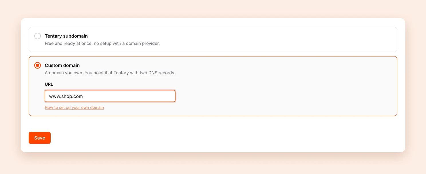 The domain settings with the Custom domain option and www.shop.com in the URL field