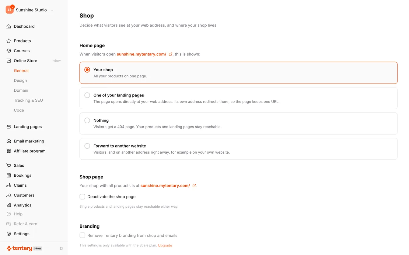 The General section with the home page choice and the shop page setting