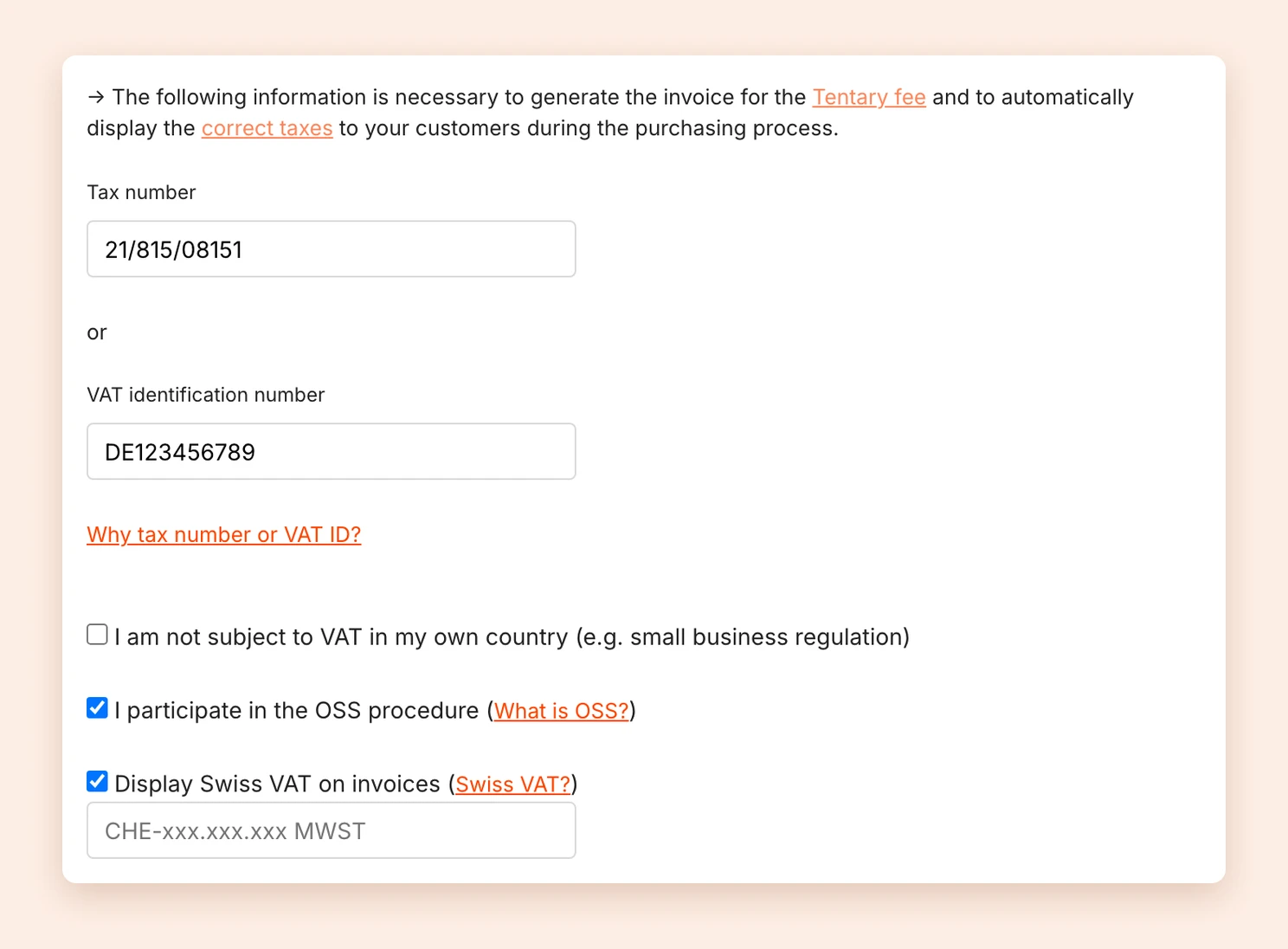 The tax options with I participate in the OSS procedure, Display Swiss VAT on invoices and the field for the VAT number