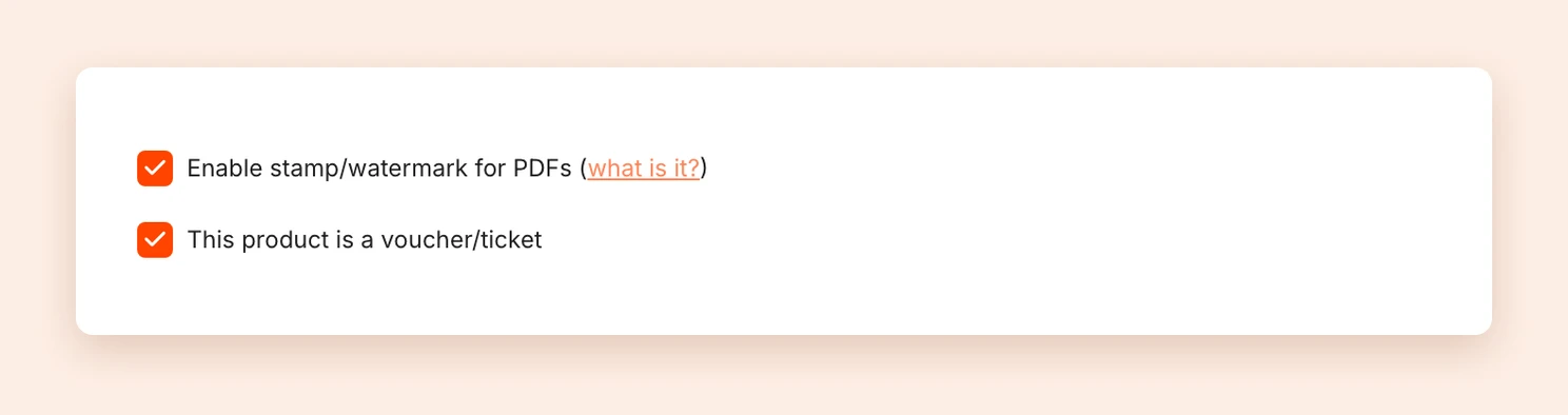 The product settings with the PDF stamp and the option This product is a voucher/ticket