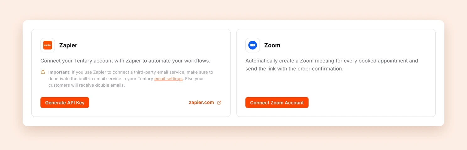 The Integrations page with the tiles for Zapier and Zoom